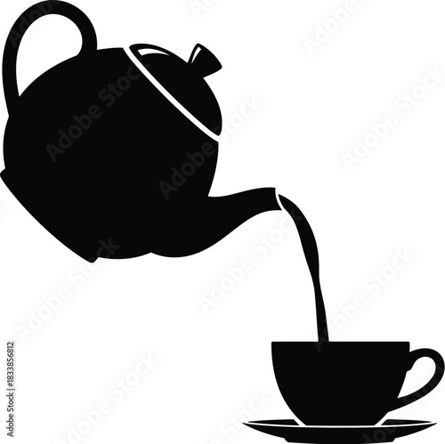 Silhouette of a teapot pouring tea into a teacup and saucer