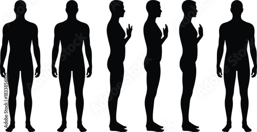 Set of Six Black Male Body Silhouettes Showing Frontal, Side, and Three-Quarter Views, Ideal for Anatomy, Human Proportions, Medical Illustrations, Clothing Design, and Fitness
