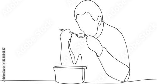 Person eating soup with spoon from bowl continuous line drawing
