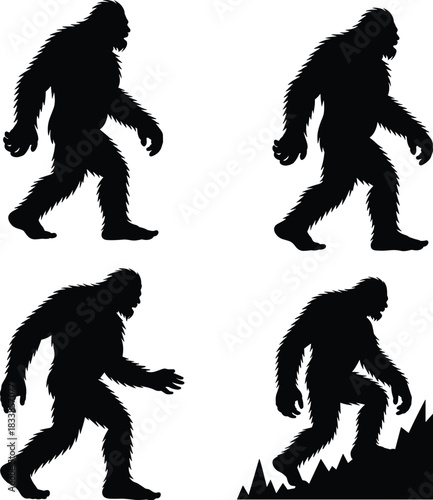 Collection of Four Distinct Bigfoot Silhouette Icons Showing the Elusive Sasquatch Walking and Climbing, Representing Cryptozoology, Wilderness, Mystery, and Legend