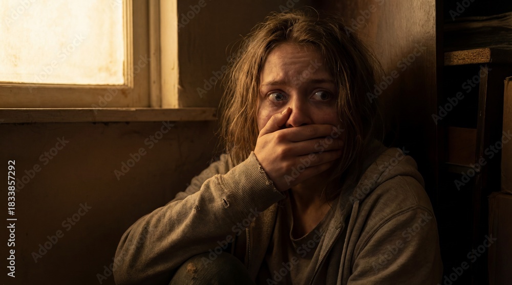 Obraz premium Person with messy hair covering mouth in dimly lit room near a window