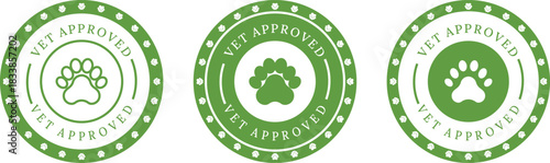 Green vet approved seal with paw print for pet products and veterinary services certification mark