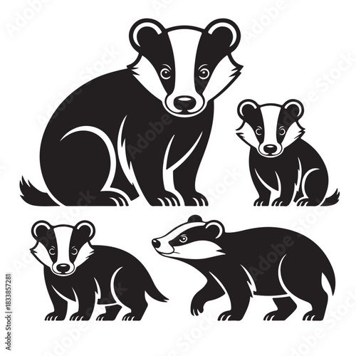 Set of four black and white badger animal icons