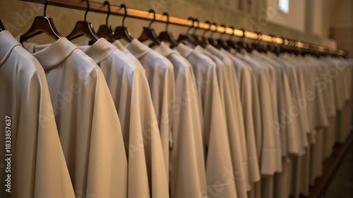 Elegant White Clothing Display Garments on Hangers Showcase Serene Atmosphere for Coptic Christmas Celebration and Spirit of Unity in Fashion