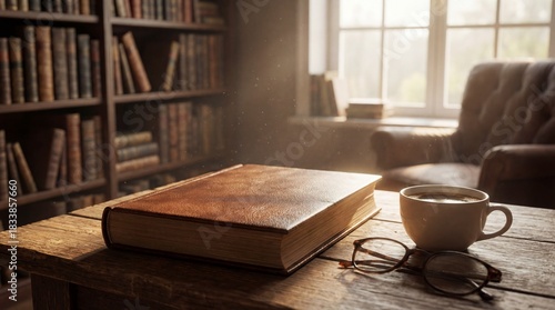 Cozy reading nook with an open book, steaming cup of coffee, and glasses on a wooden table bathed in warm sunlight