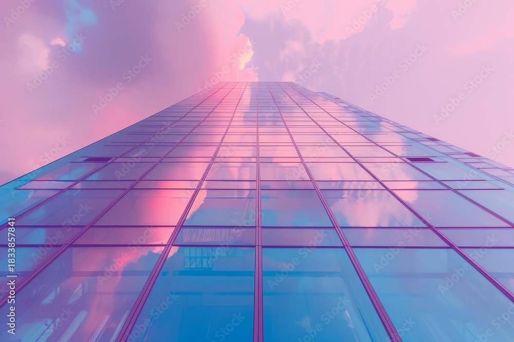 Obraz premium Glass skyscraper facade reflecting a vibrant pink and purple sunset sky, creating a colorful and modern architectural scene