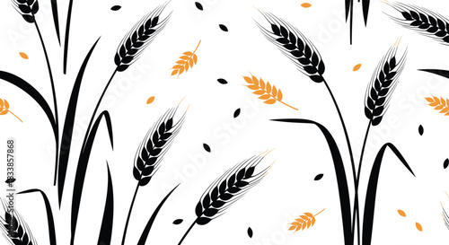 A modern and stylish seamless pattern of black and golden wheat stalks and grains scattered on a clean white background.