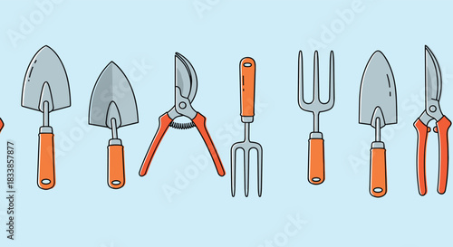A seamless horizontal border of various garden tools including shovels forks and shears on a light blue background.