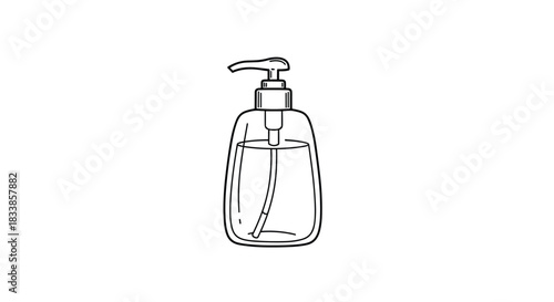 A simple black and white line art illustration of a clear liquid soap or lotion pump dispenser bottle for hygiene concepts.