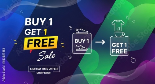Buy one get one free sale promotion banner with gradient background