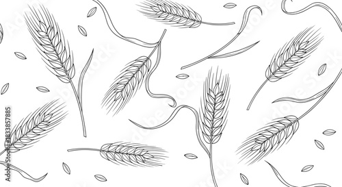 A beautiful seamless pattern of hand-drawn wheat ears and grains in a detailed black and white vintage engraving style.