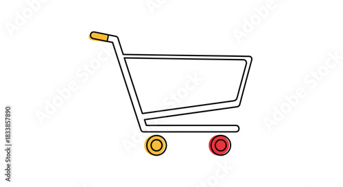 A simple minimalist line art icon of a shopping cart with colorful wheels for e-commerce or retail website design.