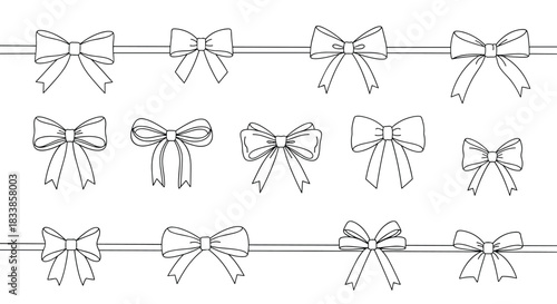 A comprehensive set of various gift bows attached to ribbons in a clean and simple black and white line art style.