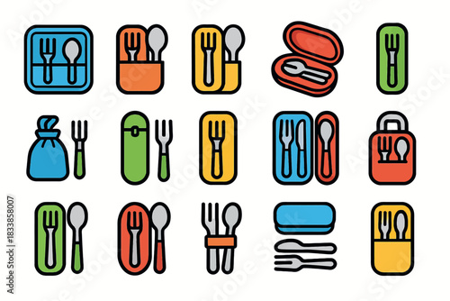 Colorful flatware and cutlery silhouettes in modern geometric designs