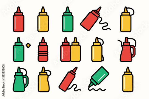 Colorful condiment bottles for ketchup mustard mayonnaise in red green yellow