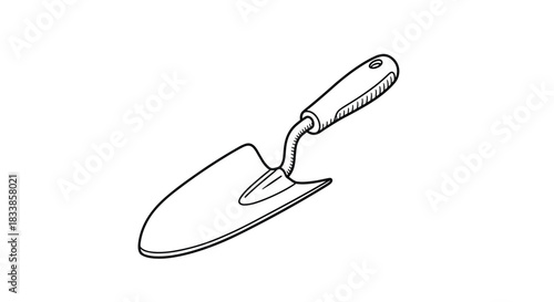 A simple and clean hand-drawn sketch of a small garden trowel or digging shovel isolated on a plain white background.