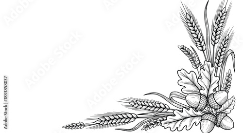A beautiful black and white vintage engraving of a decorative corner with wheat ears acorns and oak leaves for harvest.