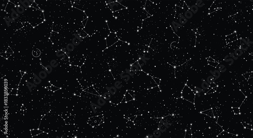 A detailed and seamless pattern of astronomical constellations and stars on a black background showing the night sky.