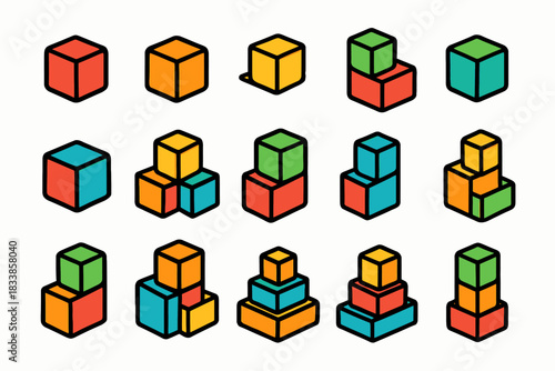 Colorful geometric cube patterns in various configurations