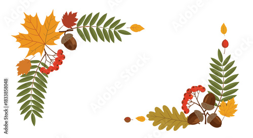 A decorative set of two autumn-themed corners featuring colorful leaves acorns and rowan berries for framing designs.