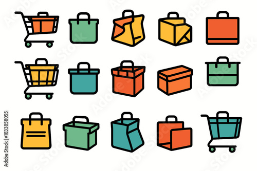 Colorful shopping and delivery icons: bag, cart, box, basket, trolley