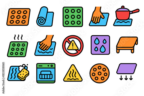 Colorful household icons including cleaning, cooking, and safety symbols