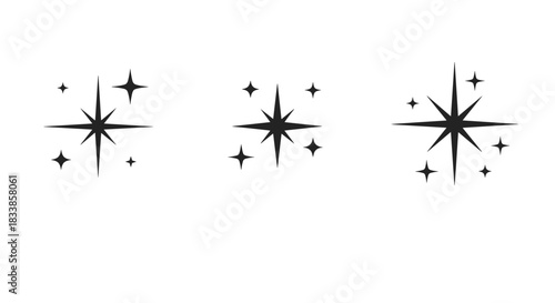 A clean and simple set of three black sparkle or starburst icons representing shining twinkling or magic glitter effects.