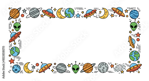 A playful rectangular frame with a border of cute cartoon space elements like planets aliens UFOs and stars for kids.