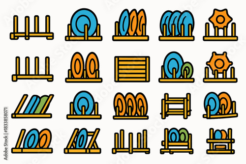 Assorted plate racks with colorful dishes in rows