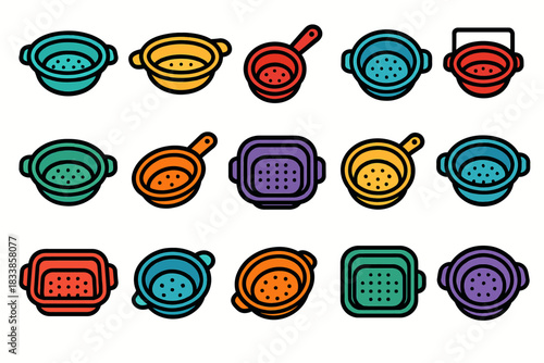Colorful set of various strainers and colanders with handles in iconic style