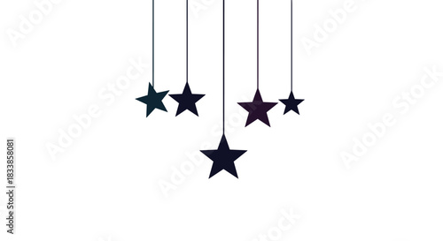 A modern and minimalist design of five dark purple and blue stars hanging on thin strings at various different lengths.