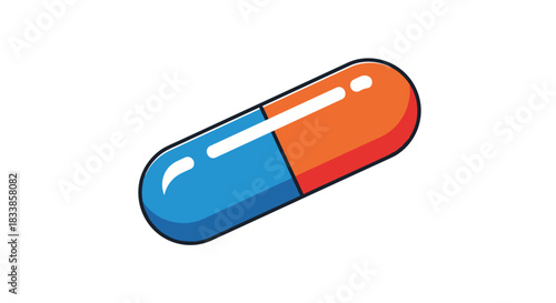 A bold and simple cartoon illustration of a blue and orange pill capsule for various medical or healthcare concepts.