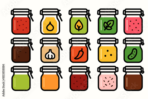 Assorted colored jars with various ingredients in iconic style