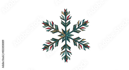 A single and unique colorful snowflake with a modern geometric crystal design isolated on a clean white background.