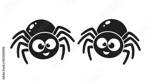 A simple black silhouette illustration of two cute and friendly cartoon spiders with big eyes for Halloween decorations.