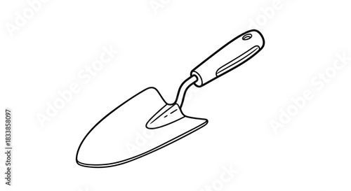 Simple black and white line art illustration of a garden trowel with a smooth ergonomic handle isolated on a white background.