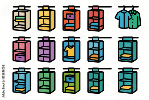Colorful wardrobe and closet icons for clothing organization