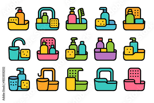 Brightly colored cartoon bathroom sets with soap dispensers and sponges