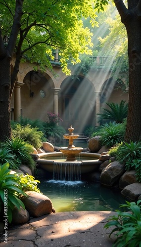 Serene Barcelona Fountain Sunlight Filtering Through Leaves Creates a Peaceful Urban Oasis, Ideal for Relaxation and Meditation