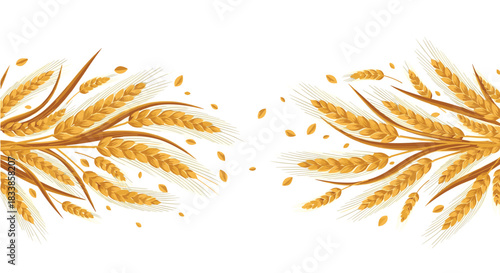 A beautiful horizontal border design with bountiful golden wheat ears and grains isolated on a clean white background.