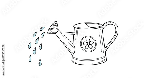 A charming black and white line art drawing of a garden watering can pouring out light blue water droplets for plants.