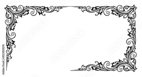 An elegant rectangular vintage frame with intricate black and white filigree corners and a large blank center space.