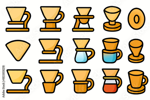 Colorful coffee brewing icons: dripper, filters, cups, funnels, mugs, carafes