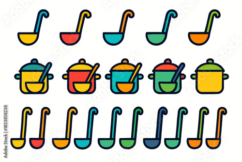 Colorful soup ladles and pots in different designs and configurations