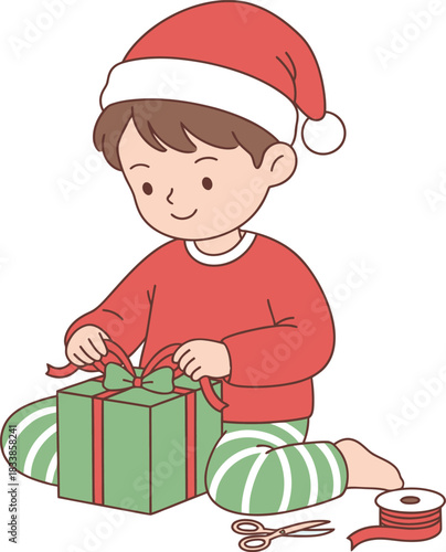 Cartoon boy in Santa hat wrapping a Christmas gift with scissors and ribbon child