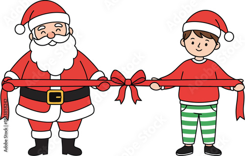 Santa Claus and a boy holding a red ribbon with a bow for a ribbon cutting ceremony Christmas holiday