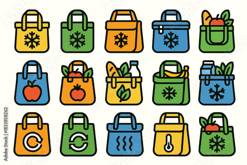 Colorful insulated grocery bags with icons of fruits, vegetables, and eco symbols