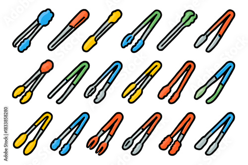 Colorful kitchen tongs collection in various designs on white background