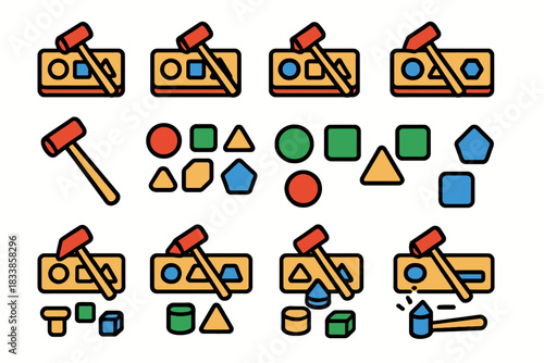 Colorful shape sorting activity with wooden hammer and geometric blocks for children