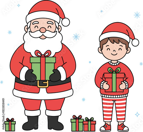 Santa Claus and a boy holding Christmas gifts surrounded by presents Keywords: santa, claus, christmas
